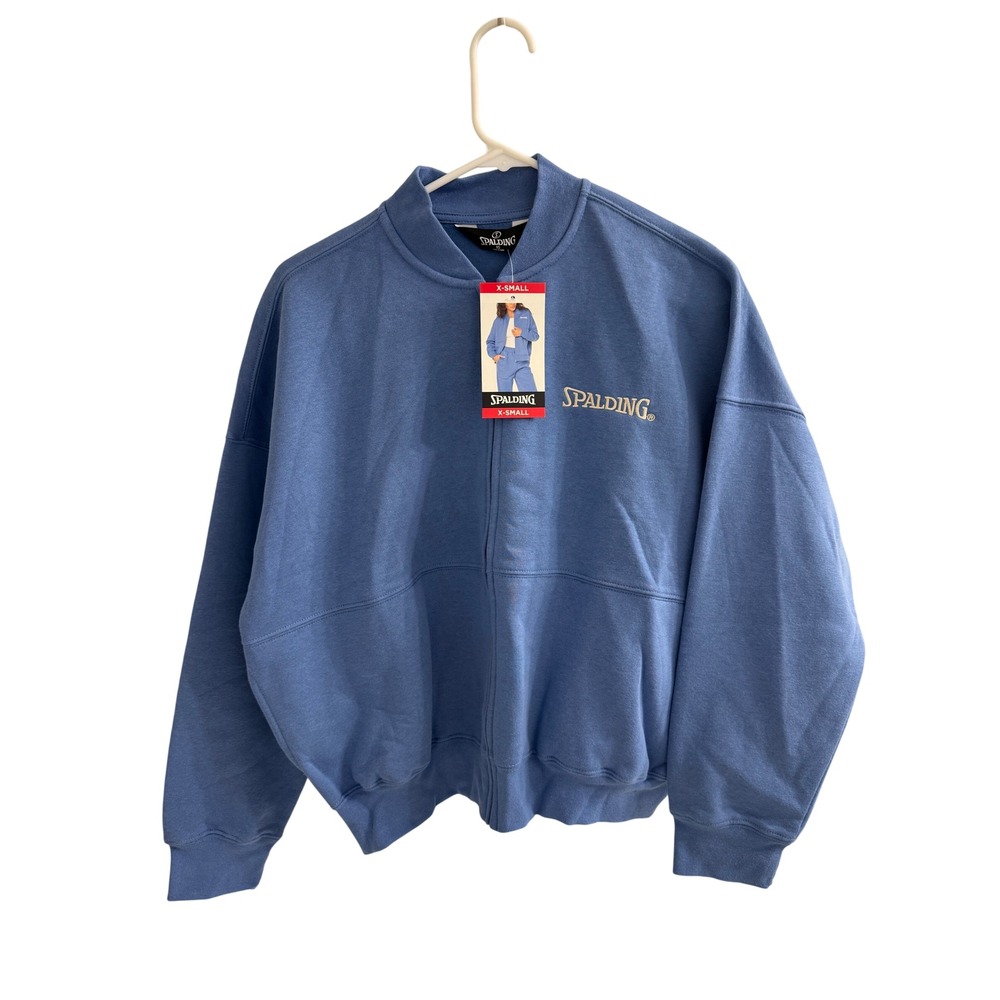 Spalding Womens Full Zip Mock Neck Sweatshirt Blue Embroidered Logo XS NWT